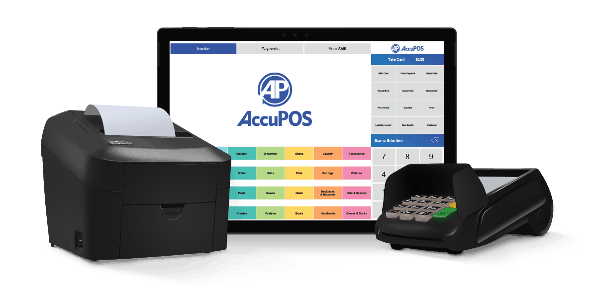 AccuPOS software and Windows hardware with Surface Pro, receipt printer, and EMV card reader for complete point of sale solutions